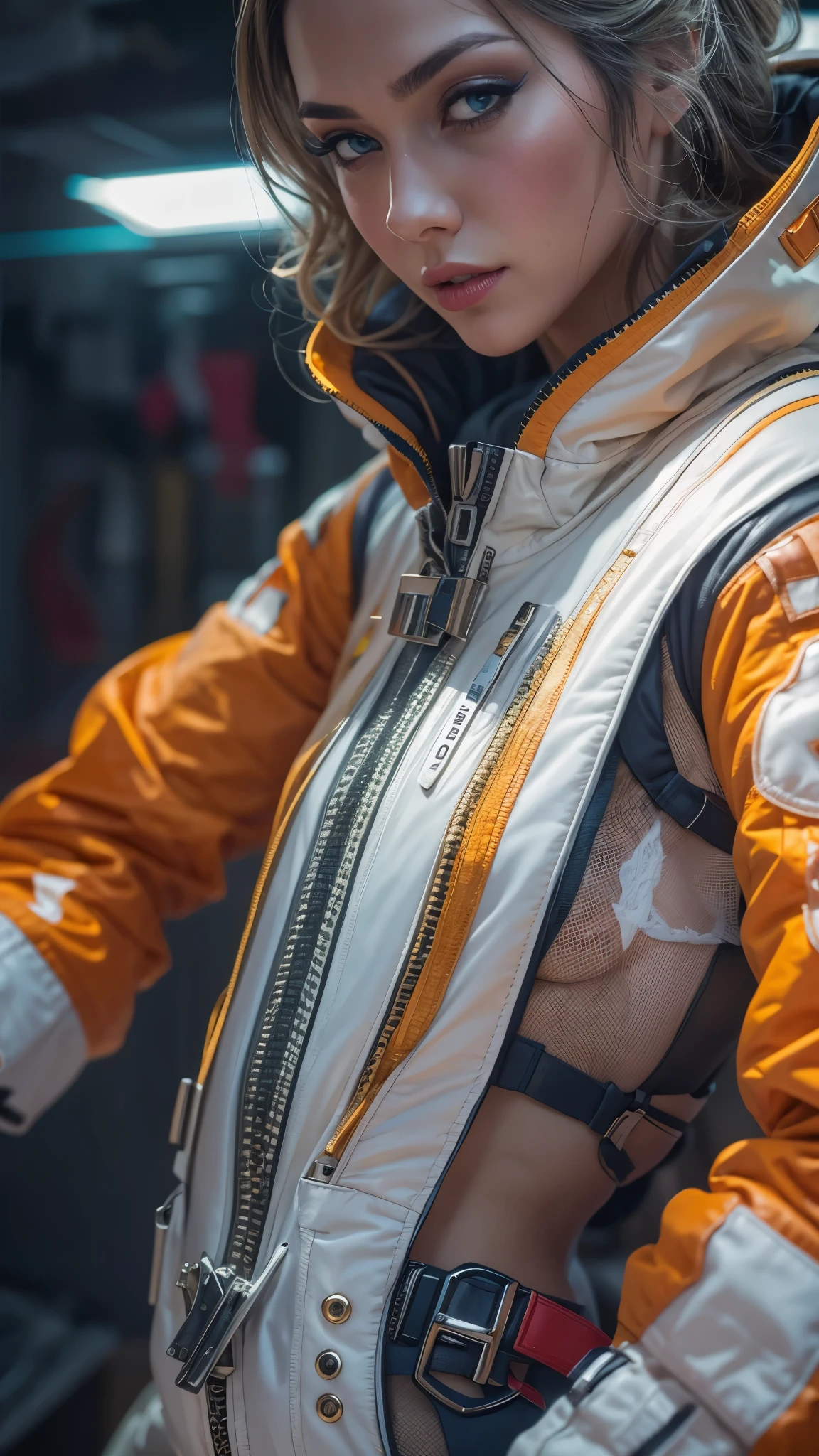 woman 25 years beautiful astronaut 1950 , deep blue eyes, clothes in orange color details in metallic white, cinematic, photo shoot, half backlight, backlight, dramatic lighting , Incandescent, Soft lighting, insanely detailed and intricate, hyper maximalist, arte no estilo de guweiz, elegant pose, dynamic, photography, volumetric , ultra detailed, intricate detail, super detailed obra-prima de guweiz, futuristic environment