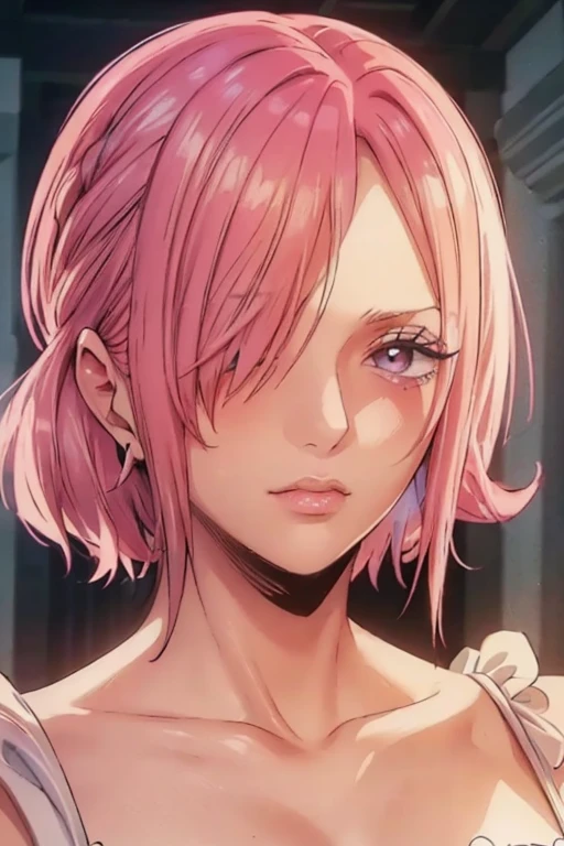 (((masterpiece))), (((best quality))), ((ultra-detailed)), (highly detailed CG illustration), vinsmoke reiju, , (masterpiece:1.5), Detailed Photo, Sexy, (Best Quality: 1.4), (1girl), Beautiful Face, (Pink Hair, short Hair: 1.3), Beautiful Hairstyle, beautiful detail eyes, (realistic skin), beautiful skin, absurd, attractive, ultra high resolution, high definition, (sexually aroused:1.5), Pinkish white skin, cool white light, sexy pose, Beautiful , white background, pink soft white light, Wear a white dress, (Hair covering right eye:1.5), lovely face