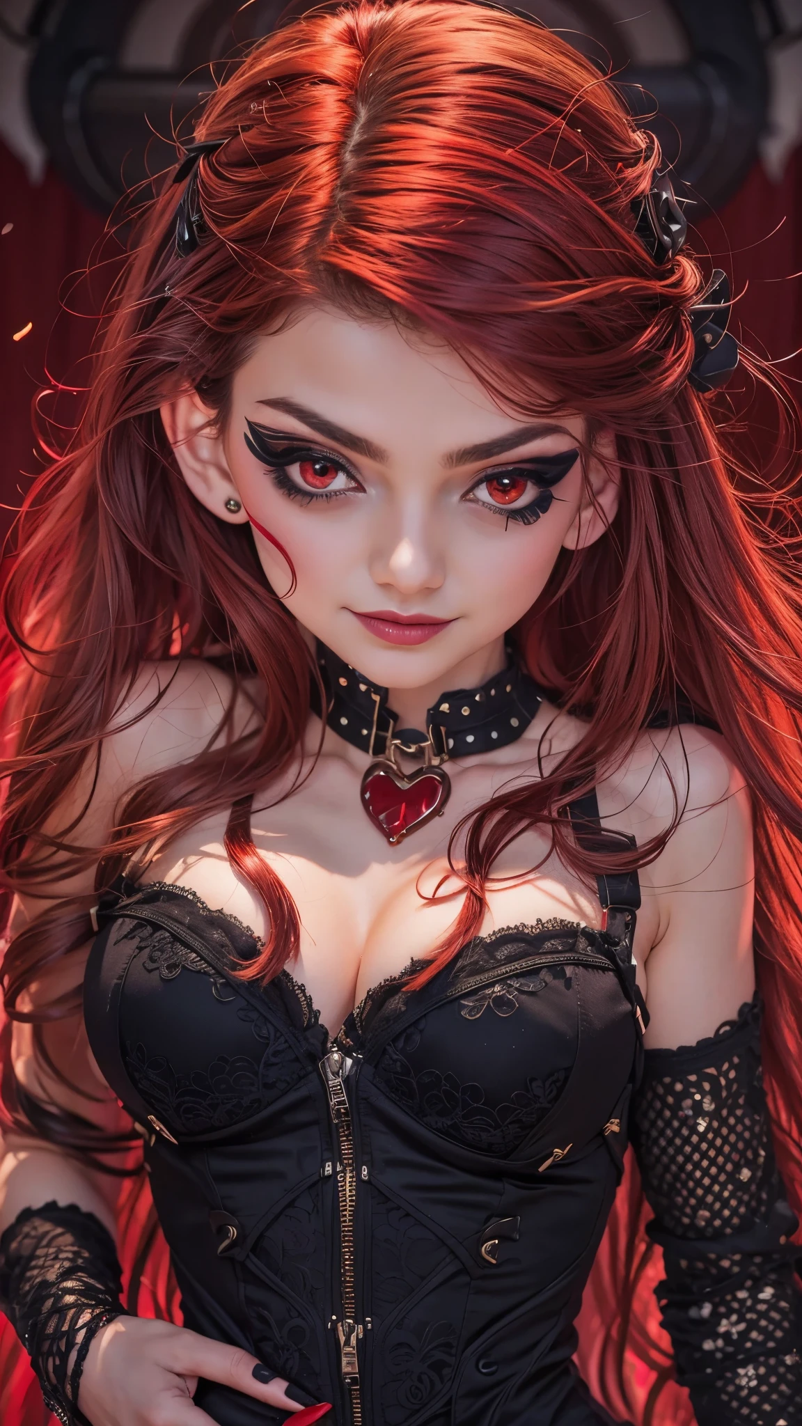 masterpiece, best quality, highres, 1girl, solo, modern vampire, red hair, long hair, open hair, red eyes, evil smile, 2 young boys on her both sides, both vampires with red hair, red and black outfit, scary background