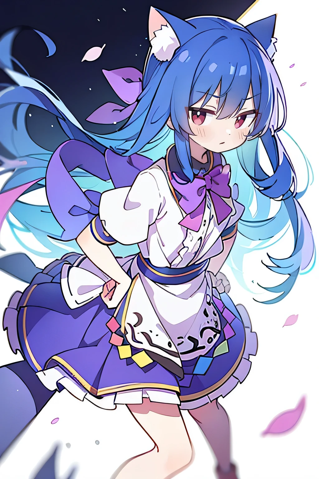 (masterpiece),best quality, expressive eyes, perfect face, 1girl,
 Put your hands on your waist,fair, Gorgeous,Japanese cartoons,girl,lola,Hina Angel, blue hair, blue haired, floating clothes,Grab your waist, Grab your waist, hands on hips , hands on hips,sit, sit on ground, Legs on the ground, flat chest,cat ears,Petals fall,