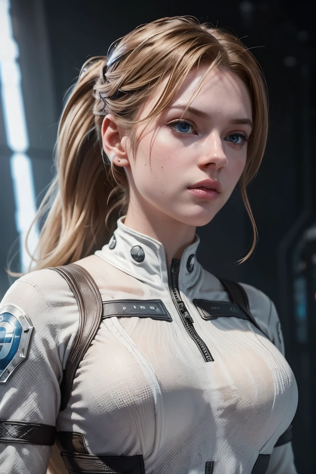 Bust ((Half-body)) hyperrealistic masterpiece, Superhero girl ((white)) in an extremely detailed technological plugsuit, cinematic lighting: 8k