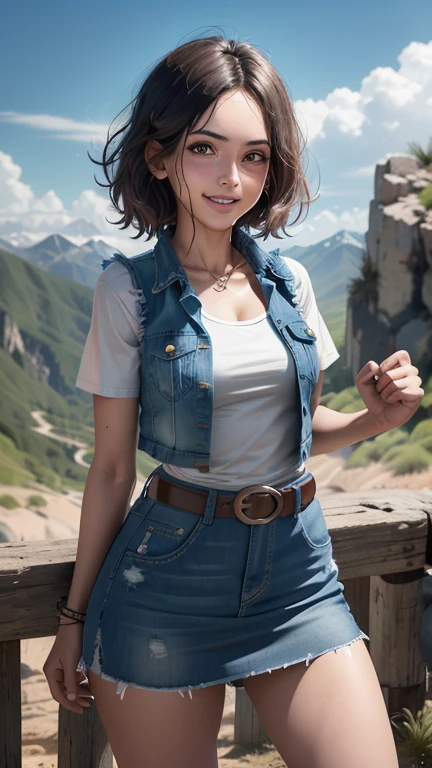 mejor calidad, high resolution, Y18, 1 chica, androide 18, solo girl, 1 chica, pelo rubio, blue eyes, belt, botas, falda vaquera azul ajustada, oro_collar, la camisa negra, cabello corto, mangas largas a rayas, pendientes, chaleco abierto, denim vest, pechos grandotes, tiro de vaquero, mountains, directo, (clima: lloviendo y ventoso), cuerpo mojado, sonrisa sexy, postura de combate, pantimedias de longitud completa, Ruinas de batalla, Caderas anchas, piernas gruesas, ropa desgarrada, closed fists,