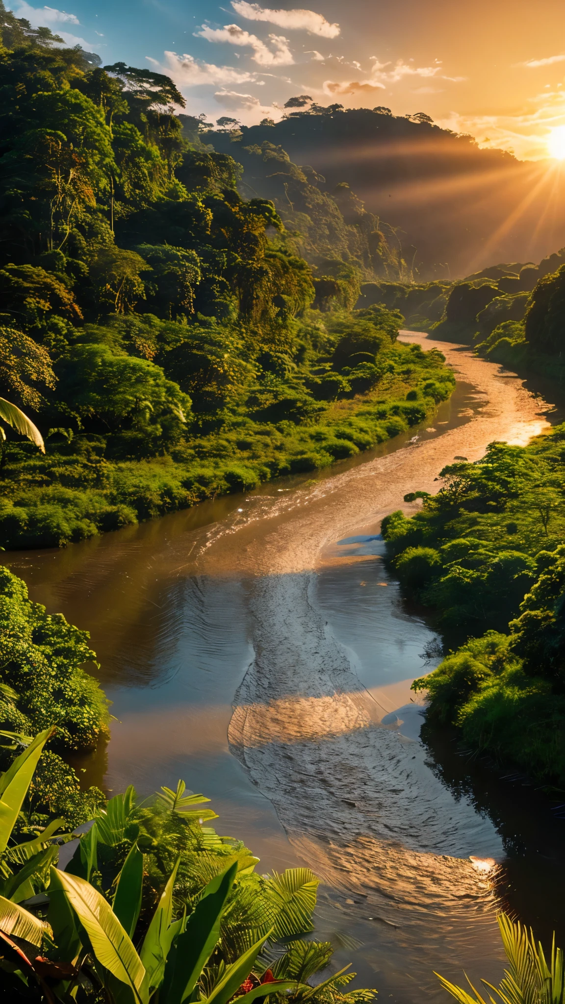 Depicting a mysterious river in the Amazon forest、Ultra-realistic and highly detailed beautiful masterpiece, With the setting sun, 