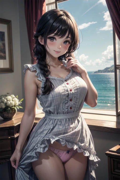 very cute and beautiful girl standing near window,(white plaid summer dress with detailed frills),sleeveless,detailed lace,(skirt lift,pink panties), (highly detailed beautiful face and eyes:1.2),antique bedroom with outside view,distant trees and ocean, cowboy shot,(smile:1.2),blush,medium hair,black long hair,twin braid, (best quality,masterpiece:1.2),absurdres,highres,ultra-detailed,extremely detailed,32k,8k resolution, intricate details,cinematic scene,detailed background,solo,dynamic angle, natural lighting,light particles,beautiful detailed sky,