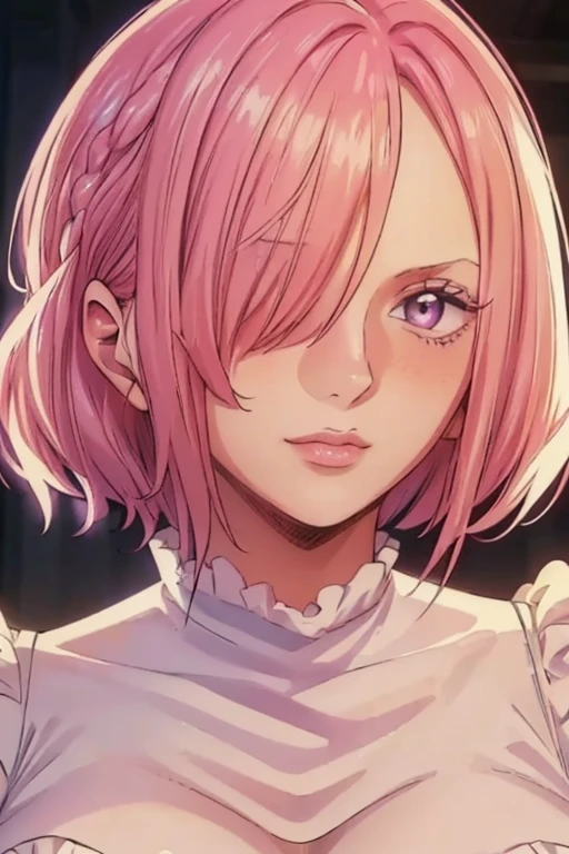 (((masterpiece))), (((best quality))), ((ultra-detailed)), (highly detailed CG illustration), vinsmoke reiju, , (masterpiece:1.5), Detailed Photo, Sexy, (Best Quality: 1.4), (1girl), Beautiful Face, (Pink Hair, short Hair: 1.3), Beautiful Hairstyle, beautiful detail eyes, (realistic skin), beautiful skin, absurd, attractive, ultra high resolution, high definition, (sexually aroused:1.5), Pinkish white skin, cool white light, sexy pose, Beautiful , white background, pink soft white light, Wear a white dress, (Hair covering right eye:1.5), lovely face, smile, open chest