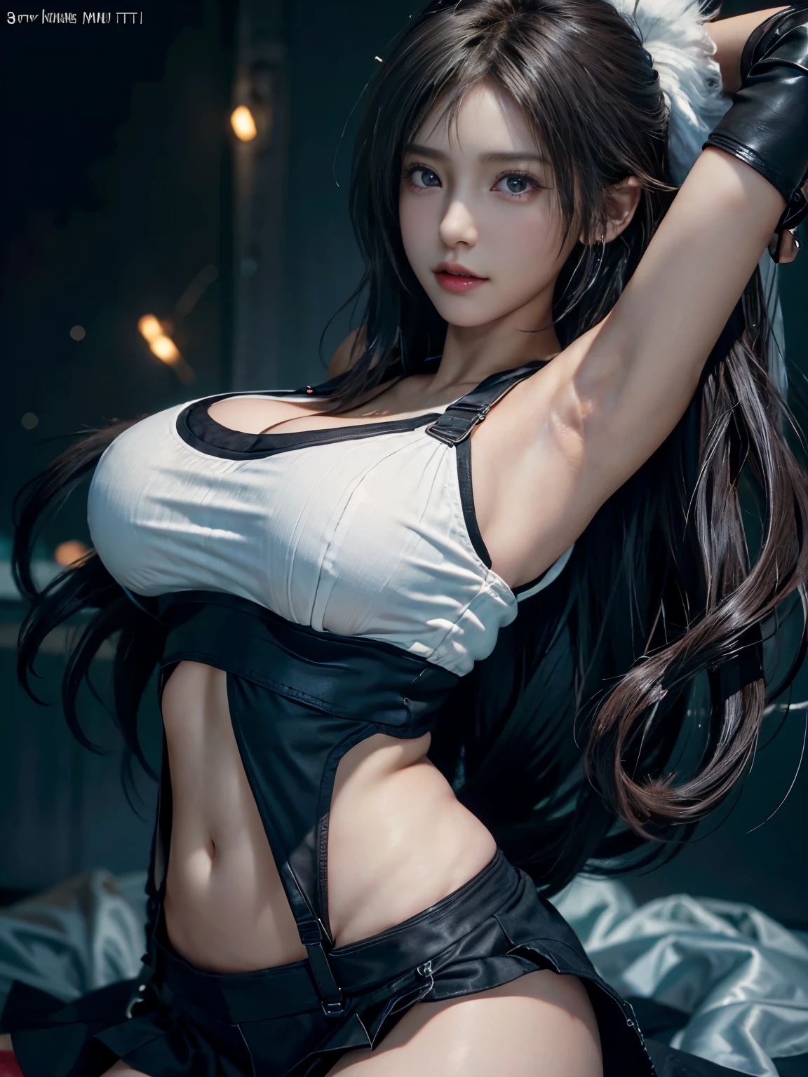 masterpiece, 最high quality, Ultra-high resolution, (Realistic:1.4), Detailed beautiful face, , One girl, Tifa_Lockhart, Final Fantasy VII Remake, Stunning European Women, suspenders,black low rise mini skirt, White Tank Top, A tense shirt, long straight black hair, Very beautiful and shining eyes、Sweating, blush ,Beautiful feet, So cute, Close-upポトレイト, 柔らかい肌のPerfect Faceを持つ素敵な, Perfect Face, Huge breasts, 、Chainetter、thigh、In the dungeon, scar, Complete diagram, Shapely hips, 8k resolution,Surreal,Ultra-detailed,high quality, (Huge teardrop chest, Huge breastsの谷間:1.2), Low Cut， Giant tit， Close-up,No bra,A broad perspective
