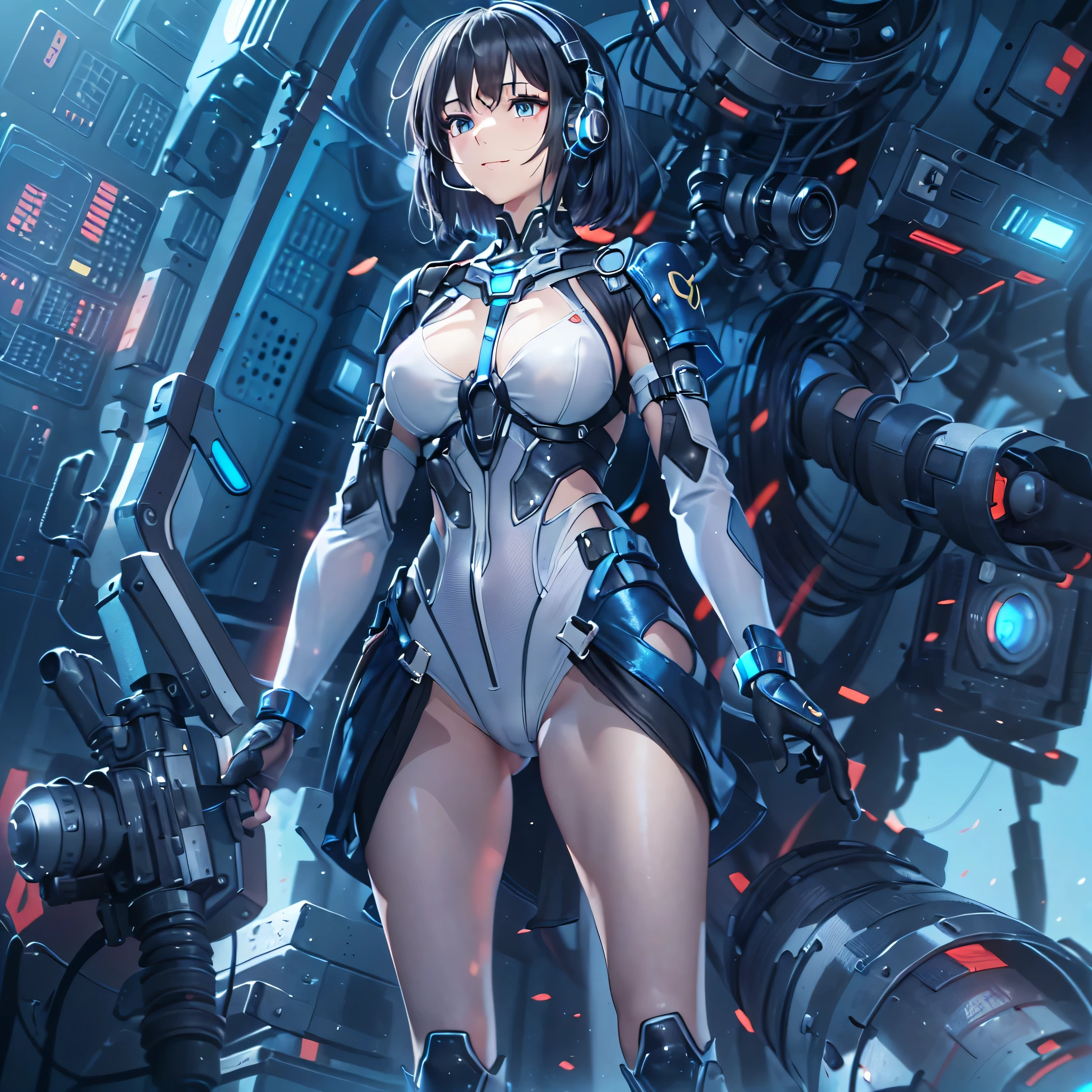 (masterpiece、highest quality、Highest Resolution、Clear_image、Detailed details、Angle from above): (Whole body、One 20 year old girl、Japanese Faces、Small Face、Slender、Navy blue super short bob cut hair、(Hidden small breasts:1.3)、Sparkling blue eyes、Shiny pilot suit in blue and black colors、Chest protection armor、Tight fitting clothes、Clothing that covers the whole body、Glamorous clothes、Tight Fit Pants、Hide your skin、Very delicate and beautiful、Detailed Skin、hide thighs、Hide your ass、Cute、A gentle smile、Soft expression、heroine、headset、Knee-high boots、Elbow-length gloves、Eye Level Shot、Face directly、Woman on a spaceship)