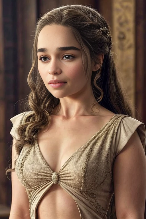 score_9, score_8_up, score_7_up, score_6_up, score_5_up, 1girl, Emilia Clarke, tight dress, exposed midriff, cleavage, brown hair, brown eyes, (insanely detailed, beautiful detailed face, masterpiece, best quality) 