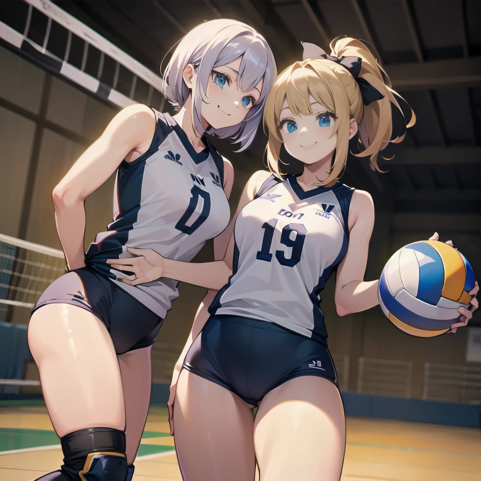 unity 8k wallpaper, anatomically correct, (((masterpiece))), (((best quality))), (((ultra detailed))), (((high-resolution))), ((super fine illustration)), ((Ultimate cutie)), detailed beautiful face, shiny hair, 18 years old, ((potbelly)), (curvy), medium breasts, ((Thick thighs)), sleeveless volleyball uniform, ((buruma)), ((knee pad)), (elbow pad), ((hold volleyball)), ((hold a 6-inch volleyball)), cowboy shot, in volleyball court, in school gymnasium, 
BREAK, 2girls_A_and_B, A girl_have_{{blond ponytail}}_{hair bow}_{{happy}}_{smile}, 
BREAK, B girl_have_{black short hair}_ {hair bow}_{{{smirk}}}