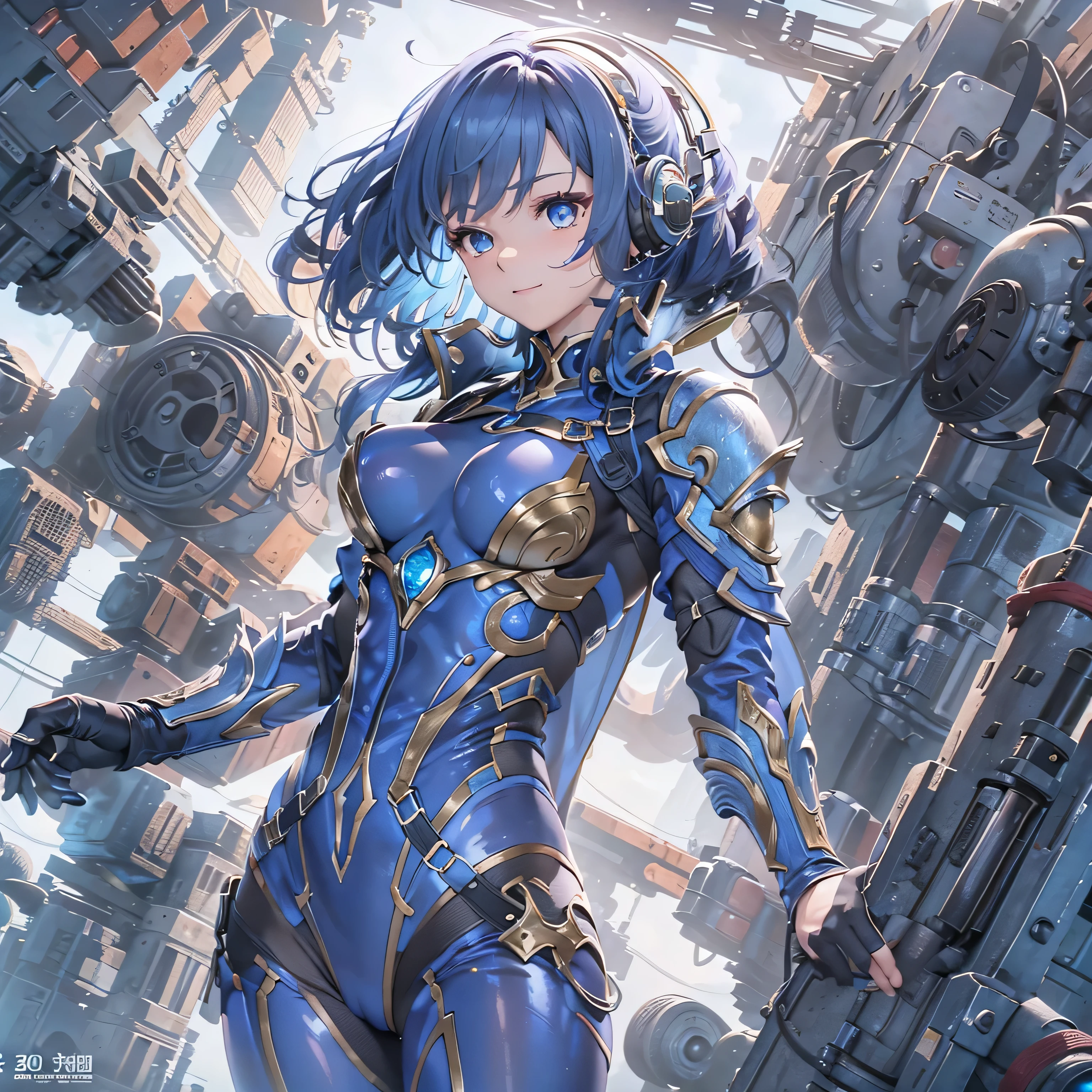 (masterpiece、highest quality、Highest Resolution、Clear_image、Detailed details、Angle from above): (Whole body、One 20 year old girl、Japanese Faces、Small Face、Slender、Navy blue super short bob cut hair、(Hidden small breasts:1.3)、Sparkling blue eyes、Shiny pilot suit in blue and black colors、Chest protection armor、Tight fitting clothes、Clothing that covers the whole body、Glamorous clothes、Tight Fit Pants、Hide your skin、Very delicate and beautiful、Detailed Skin、hide thighs、Hide your ass、Cute、A gentle smile、Soft expression、heroine、headset、Knee-high boots、Elbow-length gloves、Eye Level Shot、Face directly、Woman on a spaceship)
