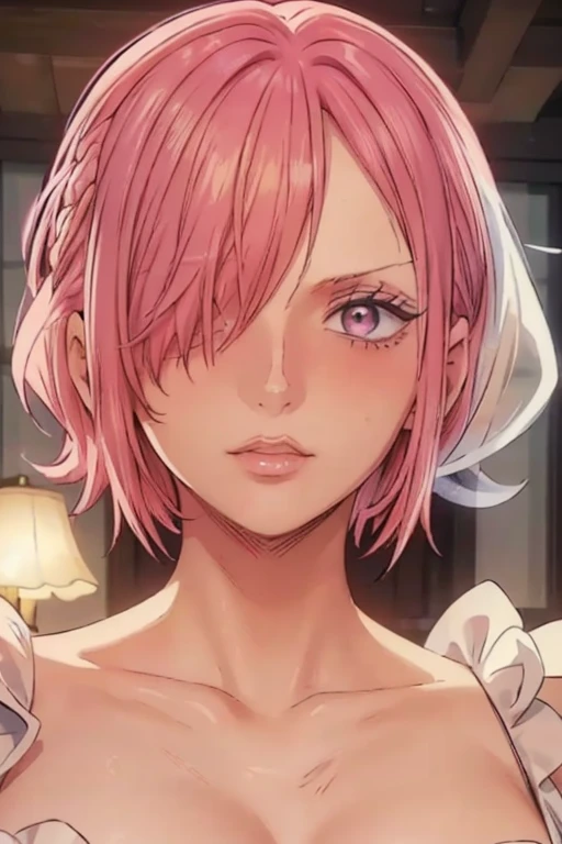 (((masterpiece))), (((best quality))), ((ultra-detailed)), (highly detailed CG illustration), vinsmoke reiju, , (masterpiece:1.5), Detailed Photo, Sexy, (Best Quality: 1.4), (1girl), Beautiful Face, (Pink Hair, short Hair: 1.3), Beautiful Hairstyle, beautiful detail eyes, (realistic skin), beautiful skin, absurd, attractive, ultra high resolution, high definition, (sexually aroused:1.5), Pinkish white skin, cool white light, sexy pose, Beautiful , white background, pink soft white light, Wear a white dress, (Hair covering right eye:1.5), 