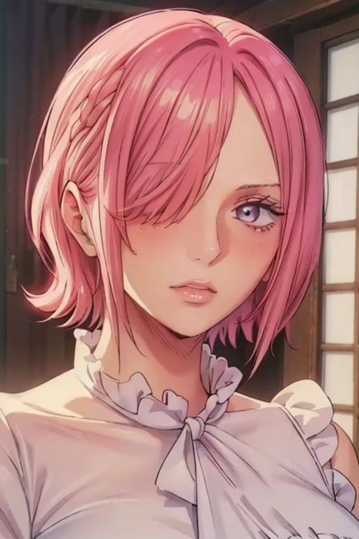 (((masterpiece))), (((best quality))), ((ultra-detailed)), (highly detailed CG illustration), vinsmoke reiju, , (masterpiece:1.5), Detailed Photo, Sexy, (Best Quality: 1.4), (1girl), Beautiful Face, (Pink Hair, short Hair: 1.3), Beautiful Hairstyle, beautiful detail eyes, (realistic skin), beautiful skin, absurd, attractive, ultra high resolution, high definition, (sexually aroused:1.5), Pinkish white skin, cool white light, sexy pose, Beautiful , white background, pink soft white light, Wear a white dress, (Hair covering right eye:1.5), 