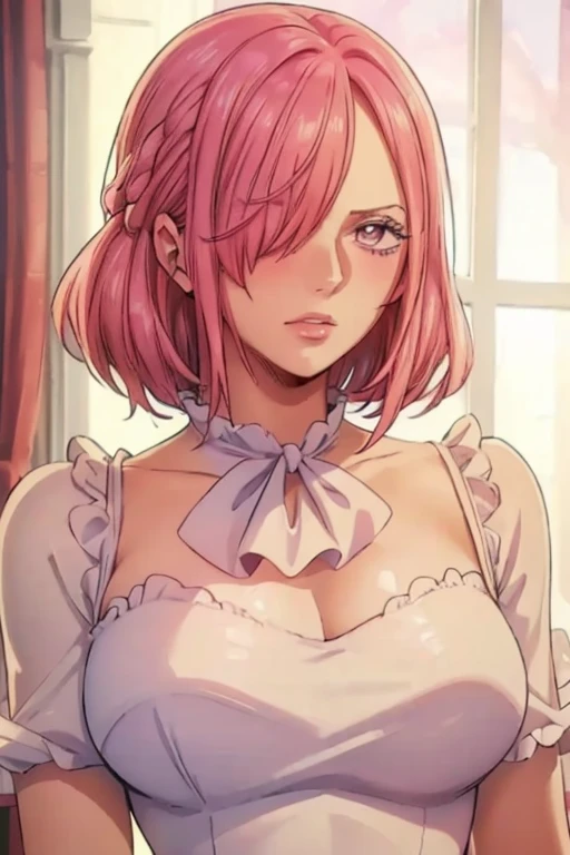 (((masterpiece))), (((best quality))), ((ultra-detailed)), (highly detailed CG illustration), vinsmoke reiju, , (masterpiece:1.5), Detailed Photo, Sexy, (Best Quality: 1.4), (1girl), Beautiful Face, (Pink Hair, short Hair: 1.3), Beautiful Hairstyle, beautiful detail eyes, (realistic skin), beautiful skin, absurd, attractive, ultra high resolution, high definition, (sexually aroused:1.5), Pinkish white skin, cool white light, sexy pose, Beautiful , white background, pink soft white light, Wear a white dress, (Hair covering right eye:1.5), 