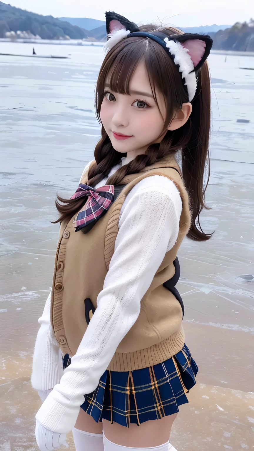 (8k), (highest quality: 1.2), (Realistic), (Realistic: 1.37), Ultra-high resolution, 1 girl, cute, A shy smile, Blushing,Mouth closed, Peach-colored lips,Beautiful details, Beautiful Nose, Beautiful black hair, bangs,Twin tail hair,(Pink cat ears headband:1.2),Giant Dulcefo,University Uniforms,(White knit vest:1.2),Ocher Cat Gloves,(Standing on a frozen lake in winter:1.4),(Walk with large strides:1.2),A simple blazer,Pleated skirt,(The pattern on the ochre skirt is tartan check......:1.3),(White pantyhose:1.2),(loafers:1),From the side,There's a cat's tail on my butt,