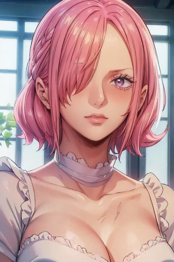 (((masterpiece))), (((best quality))), ((ultra-detailed)), (highly detailed CG illustration), vinsmoke reiju, , (masterpiece:1.5), Detailed Photo, Sexy, (Best Quality: 1.4), (1girl), Beautiful Face, (Pink Hair, short Hair: 1.3), Beautiful Hairstyle, beautiful detail eyes, (realistic skin), beautiful skin, absurd, attractive, ultra high resolution, high definition, (sexually aroused:1.5), Pinkish white skin, cool white light, sexy pose, Beautiful , white background, pink soft white light, Wear a white dress, (Hair covering right eye:1.5), lovely face