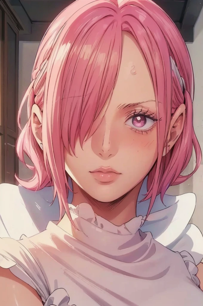 (((masterpiece))), (((best quality))), ((ultra-detailed)), (highly detailed CG illustration), vinsmoke reiju, (nsfw:1.4), (masterpiece:1.5), Detailed Photo, Sexy, (Best Quality: 1.4), (1girl), Beautiful Face, (Pink Hair, short Hair: 1.3), Beautiful Hairstyle, beautiful detail eyes, (realistic skin), beautiful skin, absurd, attractive, ultra high resolution, high definition, (sexually aroused:1.5), Pinkish white skin, cool white light, sexy pose, Beautiful , white background, pink soft white light, Wear a white dress, (Hair covering right eye: 1.5), wife, incoming face, kissing camera