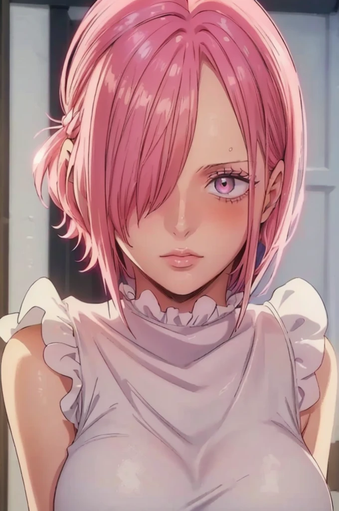 (((masterpiece))), (((best quality))), ((ultra-detailed)), (highly detailed CG illustration), vinsmoke reiju, , (masterpiece:1.5), Detailed Photo, Sexy, (Best Quality: 1.4), (1girl), Beautiful Face, (Pink Hair, short Hair: 1.3), Beautiful Hairstyle, beautiful detail eyes, (realistic skin), beautiful skin, absurd, attractive, ultra high resolution, high definition, (sexually aroused:1.5), Pinkish white skin, cool white light, sexy pose, Beautiful , white background, pink soft white light, Wear a white dress, (Hair covering right eye:1.5), lovely face