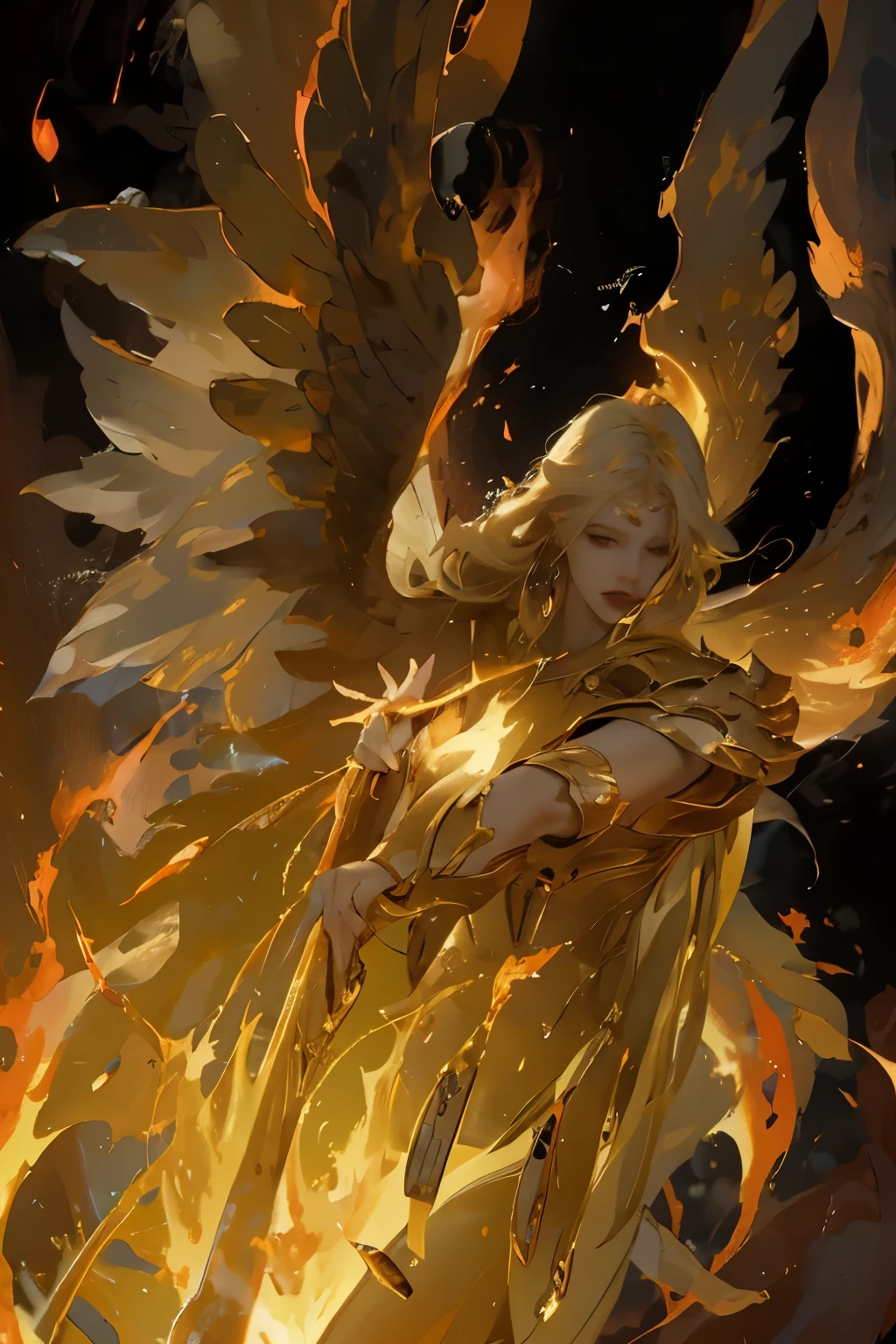 Close-up of a woman on fire and flames, With fiery golden wings of flame, With fiery golden wings, Epic fantasy art style, concept art | Type Germ, Phoenix Warrior, extremely detailed Type Germ, Epic fantasy digital art style, female protagonist, A complete portrait of an elementalist, Epic and beautiful character art