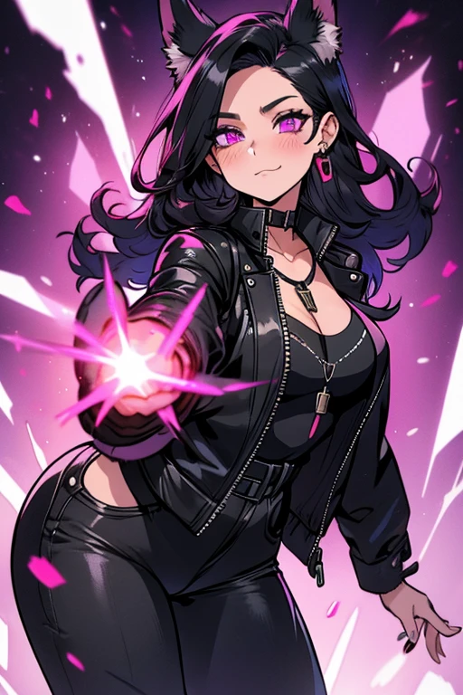 A black haired woman with purple eyes and an hourglass figure with black fox ears and a black fox tail in a cool leather jacket and jean outfit is blushing in a flurry of confetti