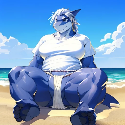 hi res,(((shark, finless shark))), (((not furry))), anthro, ((((((hair(head))))))), aqua blue eyes, ((((((( rokushaku fundoshi, ))))))), (((( female, anthro, female, slightly chubby)))), female, anthro, female, slim, Skinny, tail, adults, , (((SFW))), ((((((((solo)))))))), (((((((((((((female))))))))))))), sitting on the beach with legs open, hands on hips, outside, plant, light blue body, sea, tree, (water), detailed background,by milkytiger1145,by takemoto arashi,by null-ghost, cold atmosphere, open smile, soft blue blush, single fin, ((((((((wearing white tshirts, clop tshirts)))))))), ((((((muscular thighs, thick thighs, thick calves, wide hips, wide pelvis, curvy figure, volu\ptu\ous figure, both feet are close together., \hourglass \figure,, female body))))))