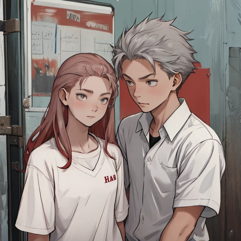 There is a 16-year-old girl with red hair and a white school shirt and a slim gray-haired, gray-eyed boy in a white shirt. She gets very close to him.