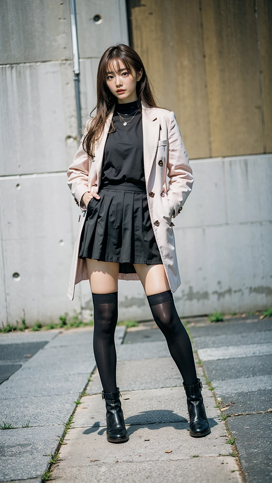 (8k、RAW Photos、highest quality、masterpiece:1.2)、(Realistic、Realistic)、1 girl、((Pink Coat、Black Mini Skirt、Knee socks、boots、Black and Pink Costume、stand with hands on hips、Basement at night、Cute costume design、Long Hair、Blonde))