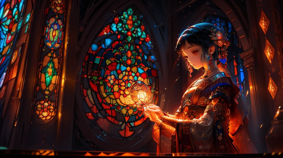 In this exquisite masterpiece of top quality, a lone girl is depicted creating a stunning work of art using stained glass. The glass is richly colored, with hues that radiate a beautiful and aesthetic energy. Intricate lead lines weave through the design, providing structure and balance to the piece. As light transmits through the glass, it illuminates the room, casting a spiritual ambiance that feels both invigorating and tranquil.

The colors used in this official art are vibrant and lively, each one carefully chosen to evoke a sense of emotion and wonder. The intricate designs are meticulously crafted, with delicate patterns that seem to dance and shimmer as