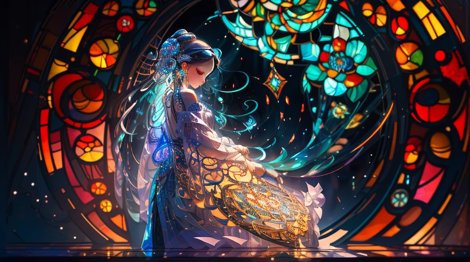 In this exquisite masterpiece of top quality, a lone girl is depicted creating a stunning work of art using stained glass. The glass is richly colored, with hues that radiate a beautiful and aesthetic energy. Intricate lead lines weave through the design, providing structure and balance to the piece. As light transmits through the glass, it illuminates the room, casting a spiritual ambiance that feels both invigorating and tranquil.
The colors used in this official art are vibrant and lively, each one carefully chosen to evoke a sense of emotion and wonder. The intricate designs are meticulously crafted, with delicate patterns that seem to dance and shimmer as
