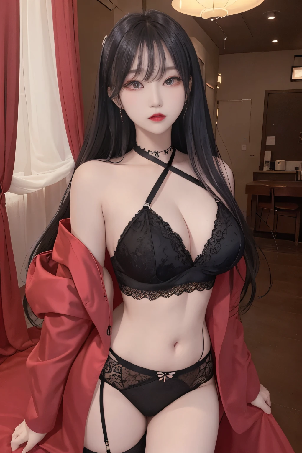 Top image quality、Raw photography、A high resolution、20-year-old cool Korean、big round chest、thin red silk coat、black lace underwear、Beautiful Eyes of Details、very elongated eyes、Beautiful eyelashes、Beautiful double eyelids、eyeshadows、耳Nipple Ring, wearing super tight mini boxers, standing,