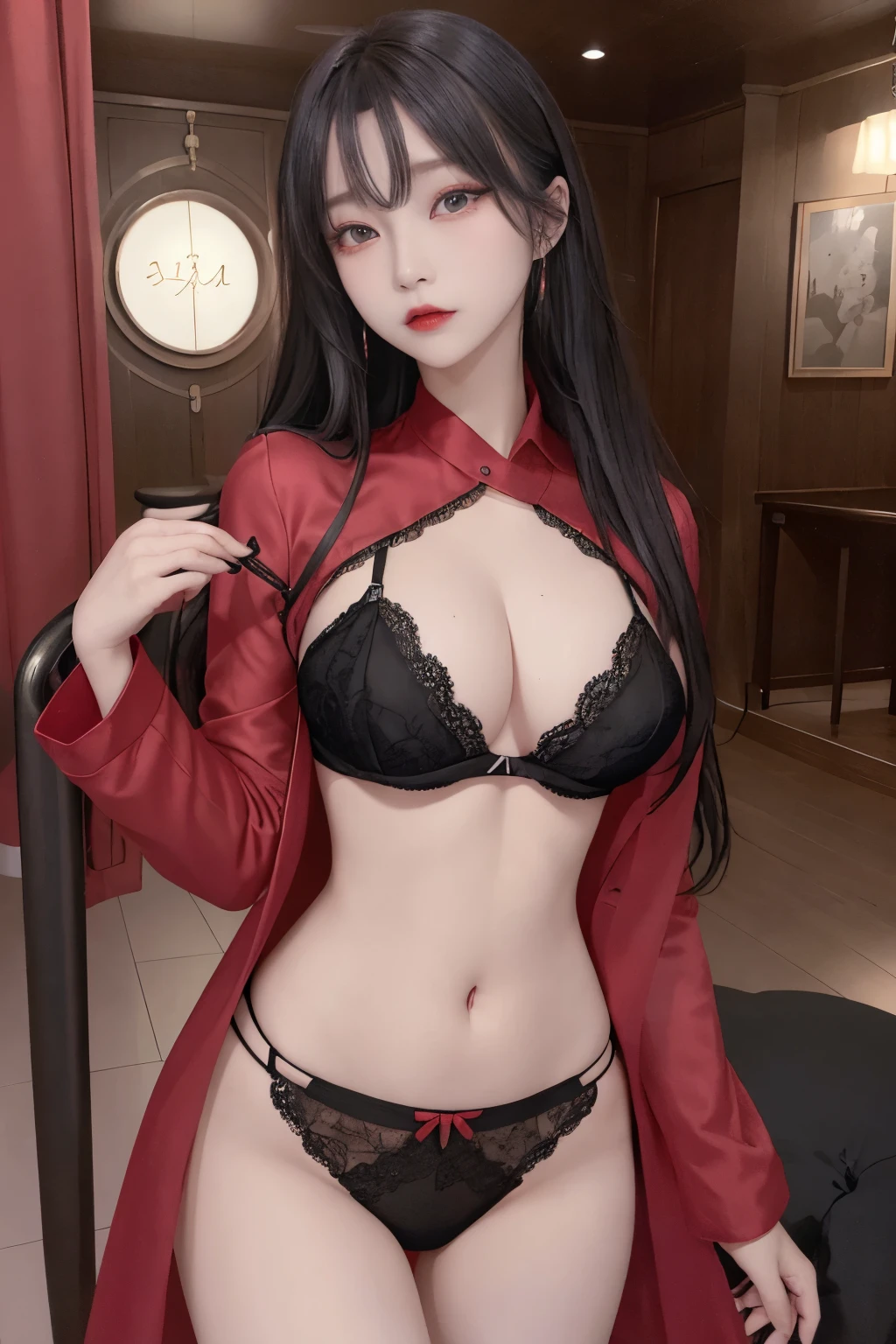 Top image quality、Raw photography、A high resolution、20-year-old cool Korean、big round chest、thin red silk coat、black lace underwear、Beautiful Eyes of Details、very elongated eyes、Beautiful eyelashes、Beautiful double eyelids、eyeshadows、耳Nipple Ring, wearing super tight mini boxers, standing,