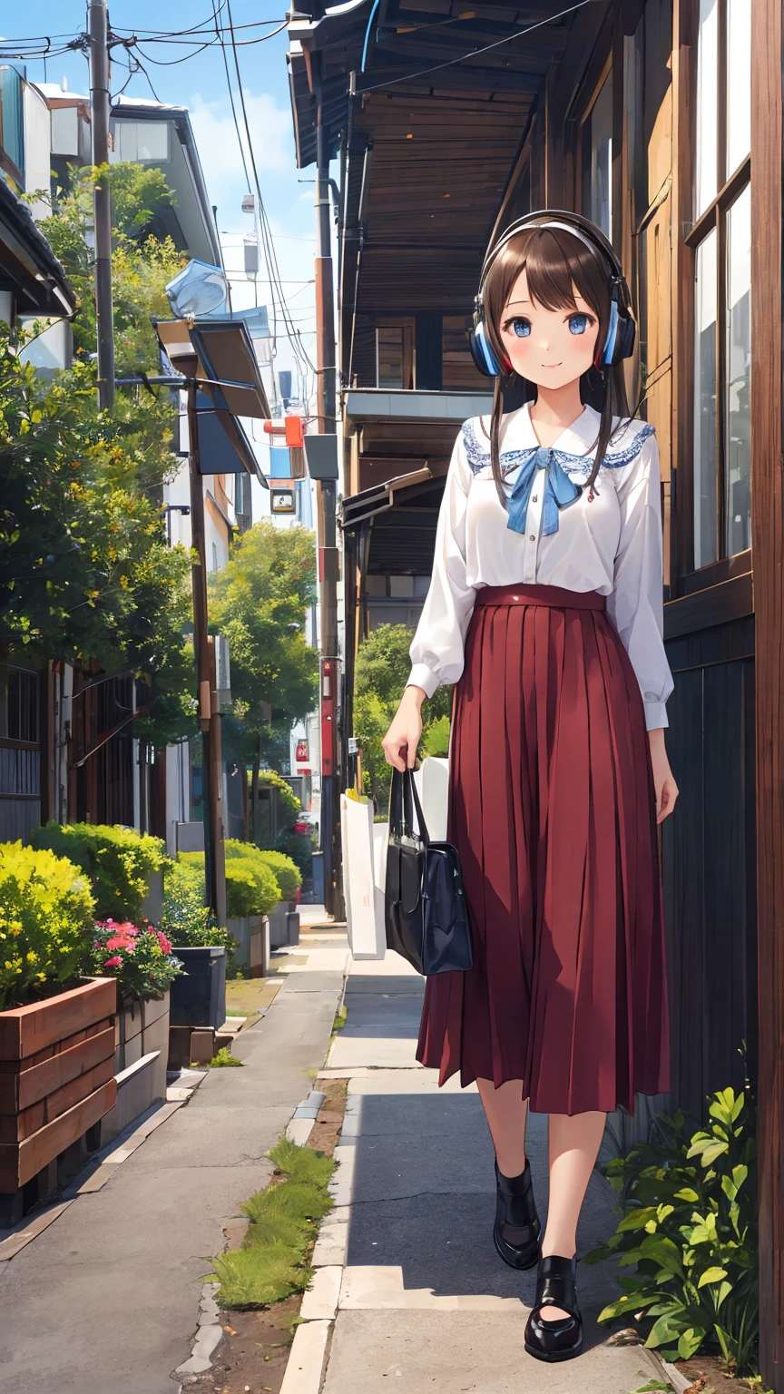 (One girl:1.4), very cute, Great face and eyes、Beautiful lovely smile), (Very detailed美しい顔), bright shining lips, (Headphones:1.3), (highest quality:1.4), (super high quality), (Very detailed), (Surreal, Photorealistic:1.37), Real skin texture, Intricate details, Very detailed CG 統合 8k 壁紙, RAW Photos, Professional photography, Cinema Lighting, Expose、Fantastic Tokyo、garden、Late Night、chill out、City Pop、Retro、Sepia、Walking sideways,Oil paint