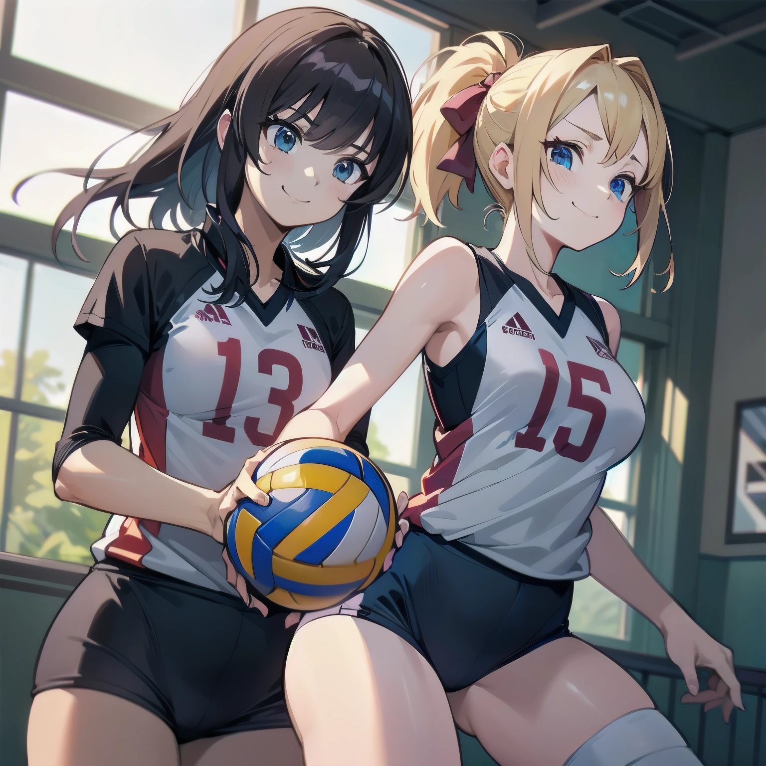 unity 8k wallpaper, anatomically correct, (((masterpiece))), (((best quality))), (((ultra detailed))), (((high-resolution))), ((super fine illustration)), ((Ultimate cutie)), detailed beautiful face, shiny hair, 18 years old, ((potbelly)), (curvy), medium breasts, ((Thick thighs)), sleeveless volleyball uniform, ((buruma)), ((knee pad)), (elbow pad), ((hold volleyball)), ((hold a 6-inch volleyball)), cowboy shot, in volleyball court, in school gymnasium,
BREAK, 2girls_A_and_B, A girl_have_{{blond ponytail}}_{hair bow}_{{happy}}_{smile},
BREAK, B girl_have_{black short hair}_ {hair bow}_{{{smirk}}}