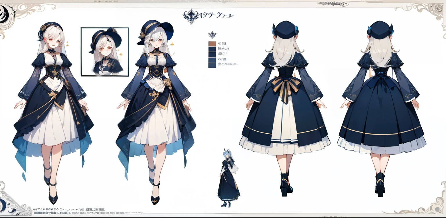 Charterner v2, One girl, whole body, Blonde, Long Hair, blue eyes, white dress with blue detaileds, Princess, same clothes, Concept Art, whole body, detailed_face, line_sketch, plan, Official Art, Official Alternative Costumes, Design style, multi style, detailed character, 4_~ side, original, 8K GC, massive detailed, Multiple Views of the same character, No background, only detailed character, technical illustration, Multiple Views,masterpiece,highest quality