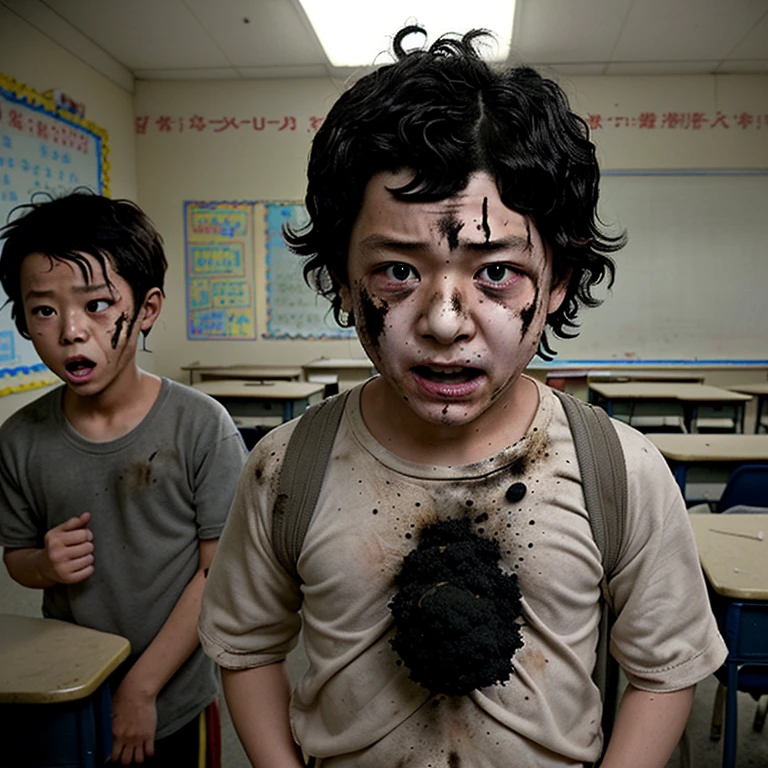 Caught in a bomb explosion in a classroom、Covered in soot、A comedy film about boys whose hair gets burned..