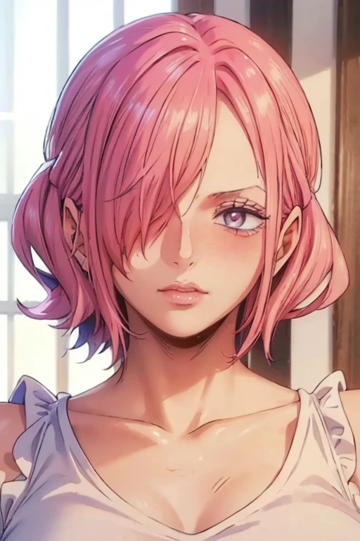 (((masterpiece))), (((best quality))), ((ultra-detailed)), (highly detailed CG illustration), vinsmoke reiju, , (masterpiece:1.5), Detailed Photo, Sexy, (Best Quality: 1.4), (1girl), Beautiful Face, (Pink Hair, short Hair: 1.3), Beautiful Hairstyle, beautiful detail eyes, (realistic skin), beautiful skin, absurd, attractive, ultra high resolution, high definition, (sexually aroused:1.5), Pinkish white skin, cool white light, sexy pose, Beautiful , white background, pink soft white light, Wear a white tank top, (Hair covering right eye:1.5), 