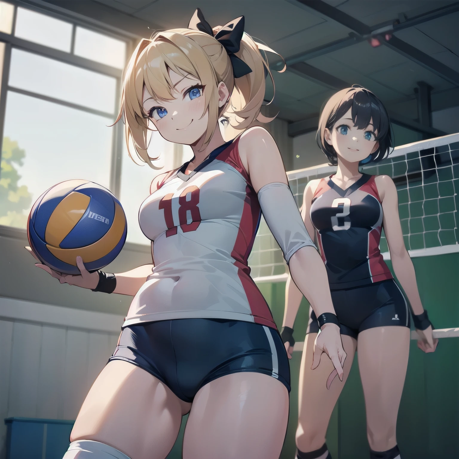 unity 8k wallpaper, anatomically correct, (((masterpiece))), (((best quality))), (((ultra detailed))), (((high-resolution))), ((super fine illustration)), ((Ultimate cutie)), detailed beautiful face, shiny hair, 18 years old, ((potbelly)), (curvy), medium breasts, ((Thick thighs)), sleeveless volleyball uniform, ((buruma)), ((knee pad)), (elbow pad), ((hold volleyball)), ((hold a 6-inch volleyball)), cowboy shot, in volleyball court, in school gymnasium, 
BREAK, 2girls_A_and_B, A girl_have_{{blond ponytail}}_{hair bow}_{{happy}}_{smile}, 
BREAK, B girl_have_{black short hair}_ {hair bow}_{{{smirk}}}