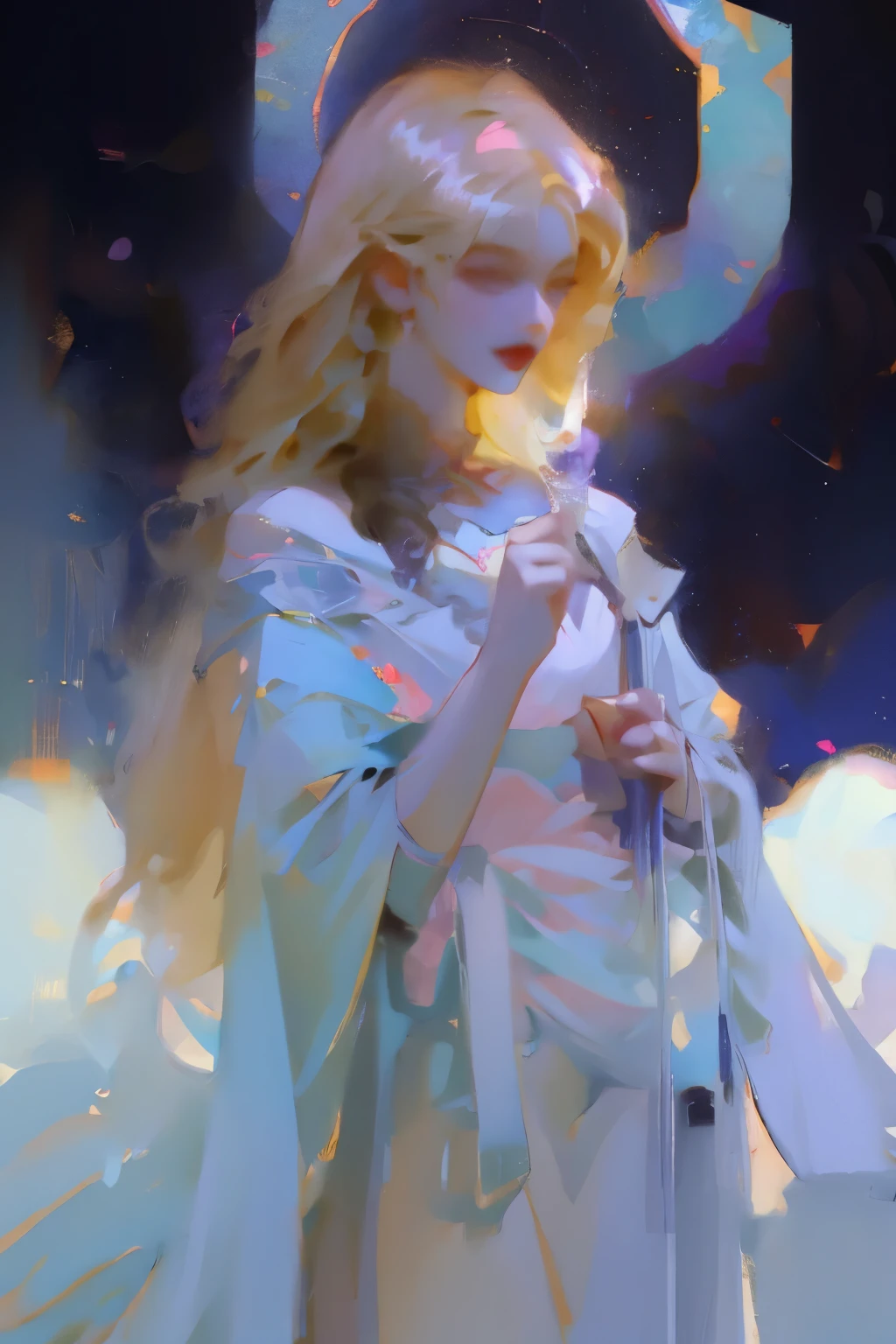 There was a woman in a white dress holding a music box, Artwork in the style of Guweiz, Guweiz on Pixiv ArtStation, Guweiz on Artstation Pixiv, guweiz, Fantasy art style, guweiz masterpiece, Beautiful and elegant queen, Beautiful character painting, Detailed digital anime art, Blonde Princess, white hair, Sky blue eyes, Pink lips