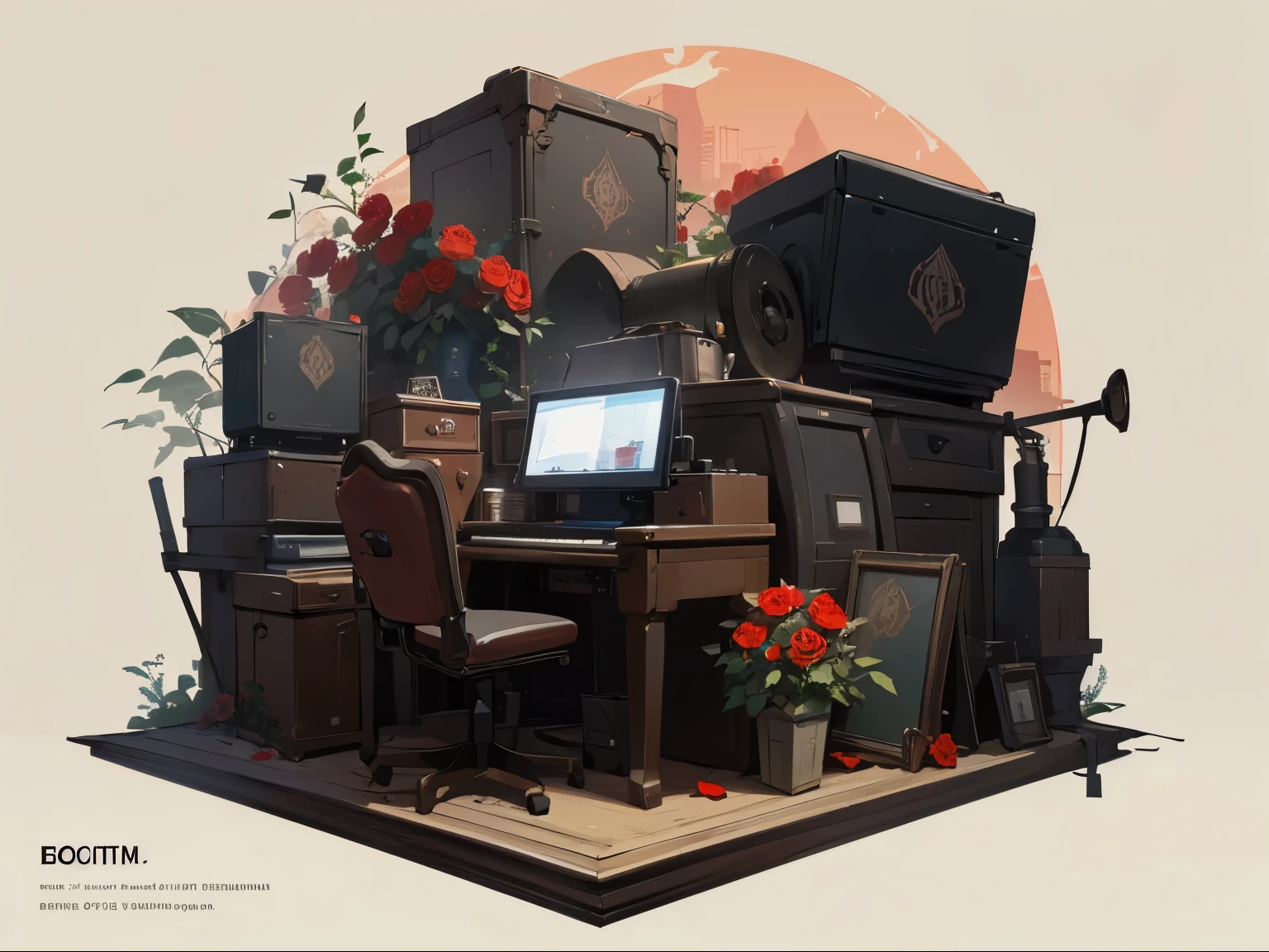 ((Best quality)), ((Portfolio title for the section "Graphic design")), (detailed), beige background color, зелёные шипы roses, БОРДОВЫЕ цветы roses. (((NO LETTERS))) (Lots of roses), elegance, (computers, electronic, steampunk, Retro, roses), roses, stems, many red flowers. More modern