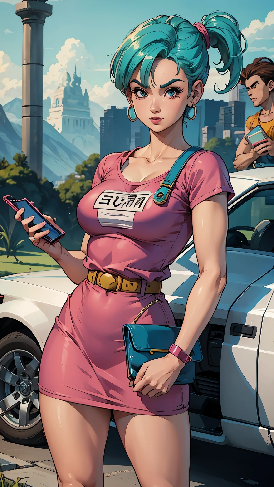 Bulma, Dragon Ball, muito linda, usando vestido rosa, com linhas pretas, escrito Bulma na altura dos peitos, with cell phone in hand,