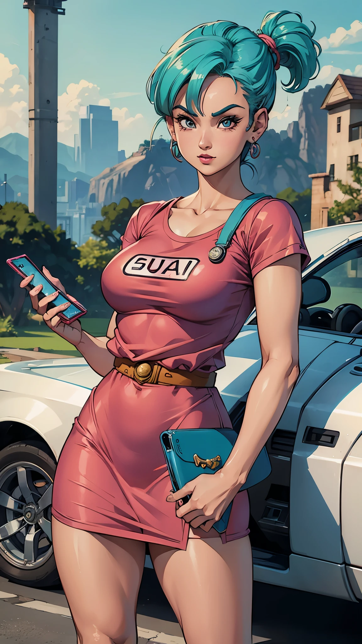 Bulma, Dragon Ball, muito linda, usando vestido rosa, com linhas pretas, escrito Bulma na altura dos peitos, with cell phone in hand, 