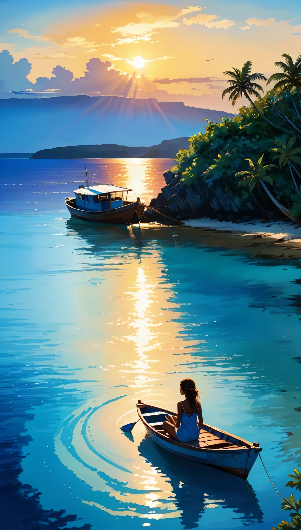 blue coast, sitting girl, boat on water, blue bay, karribean, sunset