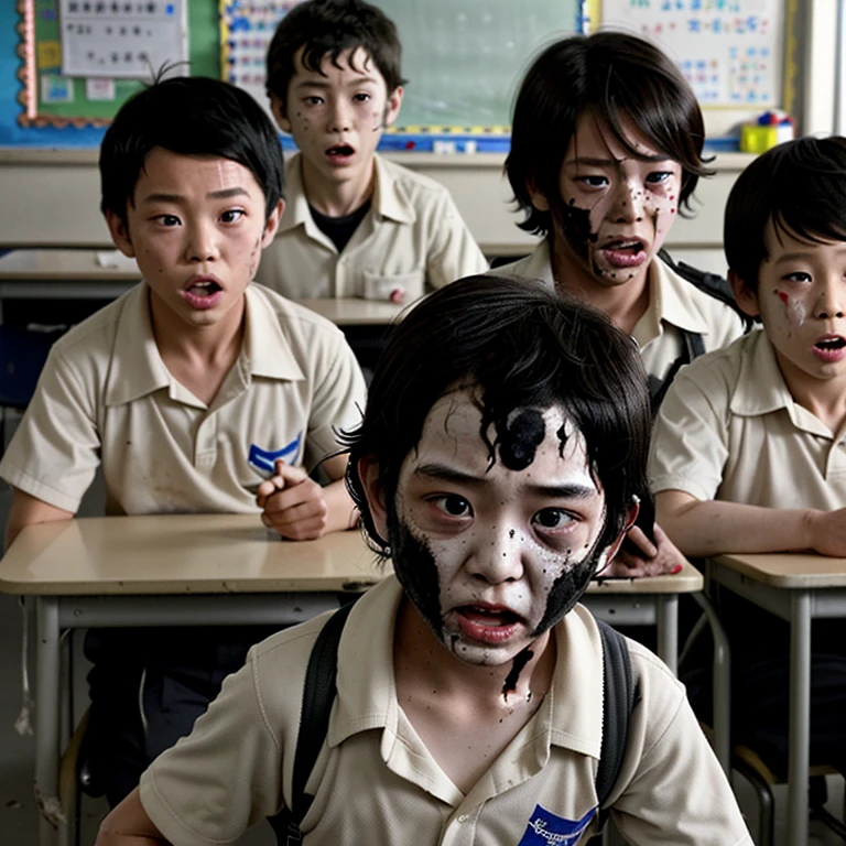 A bomb exploded in the classroom.、Covered in soot、A comedy film about elementary school boys whose hair gets burned..