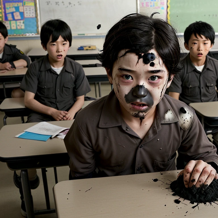 A bomb exploded in the classroom.、Covered in soot、A comedy film about  boys whose hair gets burned..