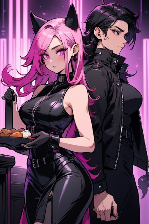 A black haired woman with purple eyes and an hourglass figure with black fox ears and a black fox tail in a cool leather jacket and jean outfit is eating with a pink haired woman with violet eyes and an hourglass figure in a cool Gothic dress at the restaurant