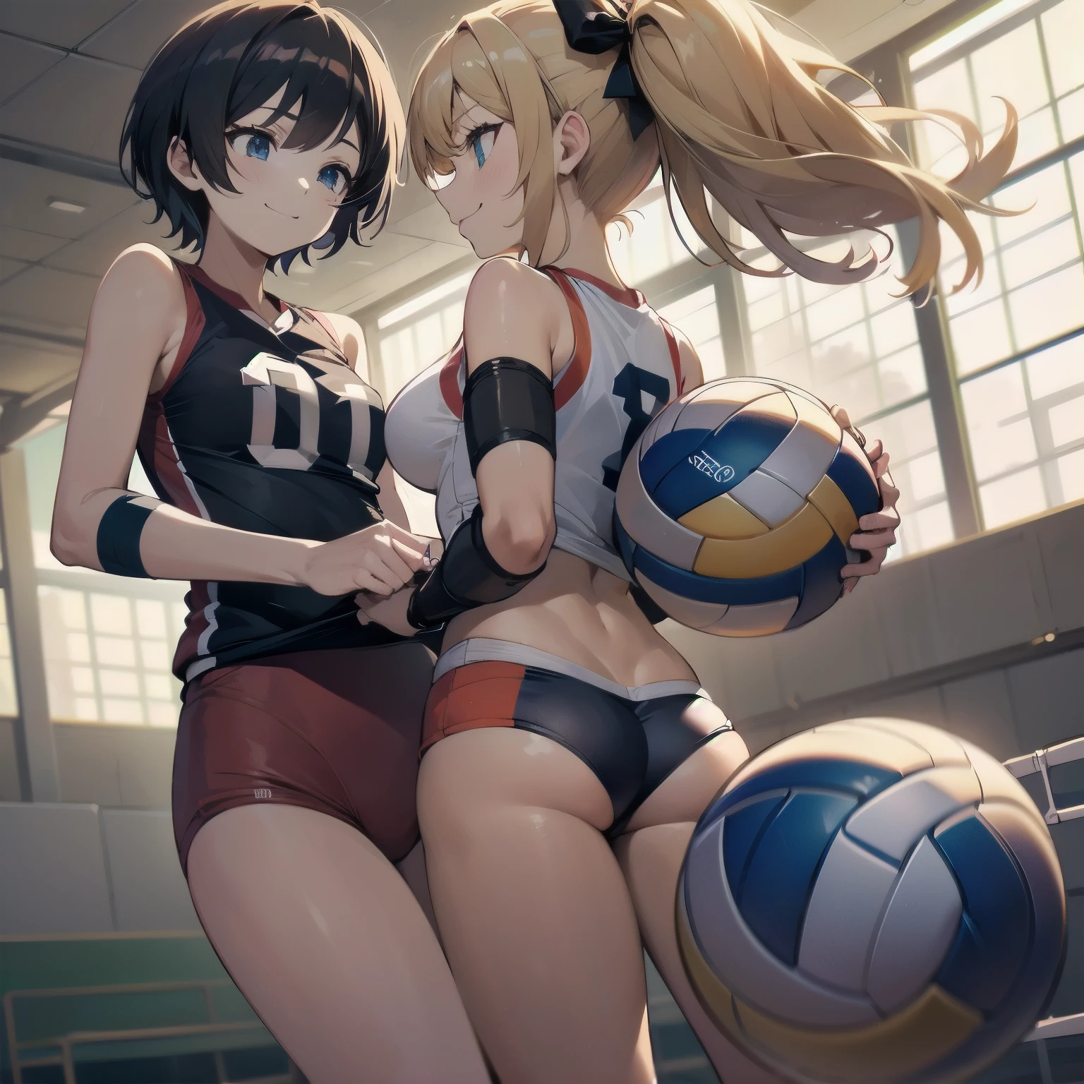 unity 8k wallpaper, anatomically correct, (((masterpiece))), (((best quality))), (((ultra detailed))), (((high-resolution))), ((super fine illustration)), ((Ultimate cutie)), detailed beautiful face, shiny hair, 18 years old, ((potbelly)), (curvy), medium breasts, ((Thick thighs)), sleeveless volleyball uniform, ((buruma)), ((knee pad)), (elbow pad), ((hold volleyball)), ((hold a 6-inch volleyball)), cowboy shot, in volleyball court, in school gymnasium,
BREAK, 2girls_A_and_B, A girl_have_{{blond ponytail}}_{hair bow}_{{happy}}_{smile},
BREAK, B girl_have_{black short hair}_ {hair bow}_{{{smirk}}}