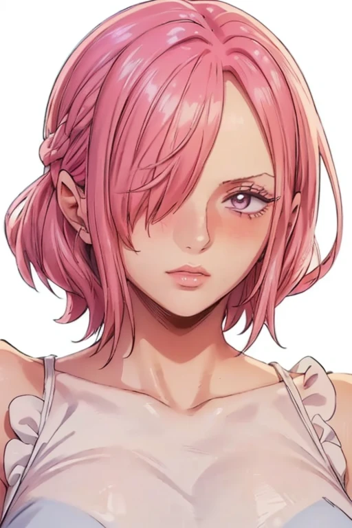 (((masterpiece))), (((best quality))), ((ultra-detailed)), (highly detailed CG illustration), vinsmoke reiju, , (masterpiece:1.5), Detailed Photo, Sexy, (Best Quality: 1.4), (1girl), Beautiful Face, (Pink Hair, short Hair: 1.3), Beautiful Hairstyle, beautiful detail eyes, (realistic skin), beautiful skin, absurd, attractive, ultra high resolution, high definition, (sexually aroused:1.5), Pinkish white skin, cool white light, sexy pose, Beautiful , white background, pink soft white light, Wear a white tank top and white underwear, (Hair covering right eye:1.5), 