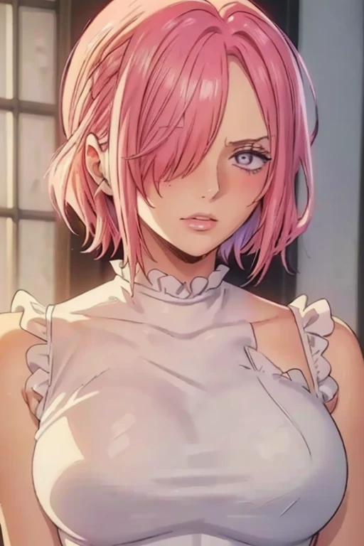 (((masterpiece))), (((best quality))), ((ultra-detailed)), (highly detailed CG illustration), vinsmoke reiju, , (masterpiece:1.5), Detailed Photo, Sexy, (Best Quality: 1.4), (1girl), Beautiful Face, (Pink Hair, short Hair: 1.3), Beautiful Hairstyle, beautiful detail eyes, (realistic skin), beautiful skin, absurd, attractive, ultra high resolution, high definition, (sexually aroused:1.5), Pinkish white skin, cool white light, sexy pose, Beautiful , white background, pink soft white light, Wear a white tank top and white underwear, (Hair covering right eye:1.5), 