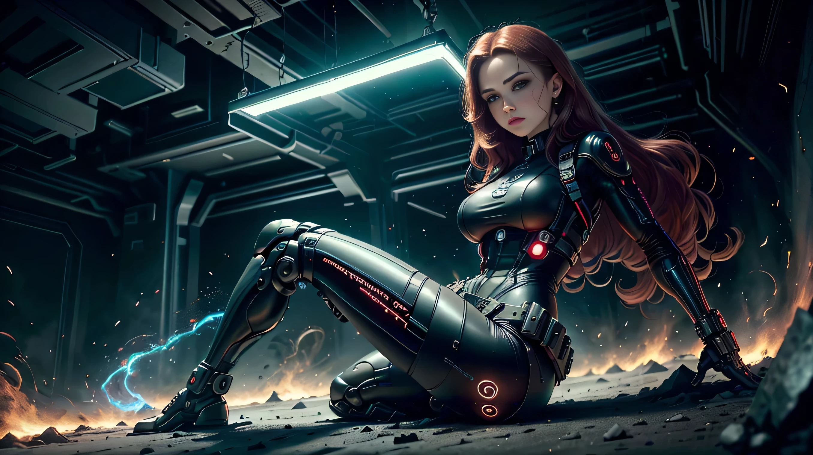 1girl, corpo inteiro, Natasha Romanoff Black Widow style (Da Marvel Studios), bikini, garota cyber, arm prosthesis, leg prosthesis, expondo a calcinha, expondo os peitos, Technological clothing, fantasia, medium breasts, sorrir, randome pose, Pose bonita, (master part, best quality, Textura detalhada da pele, textura de pano detalhada, cabelo bem vermelho, bikini armo, Rosto bonito e detalhado, detalhes intrincados, ultra detalhado),  cabelos ruivos curtos, dynamic pose, (best quality, A high resolution, fotorrealista, primitivo, 8k,master part, ),best quality, masterpiec8k.HDR. Costelas altas:1.2, filmgrain, Desfoque Bokeh:1.2, Reflexo da lente, (Cores vivas:1.2), (delicado),