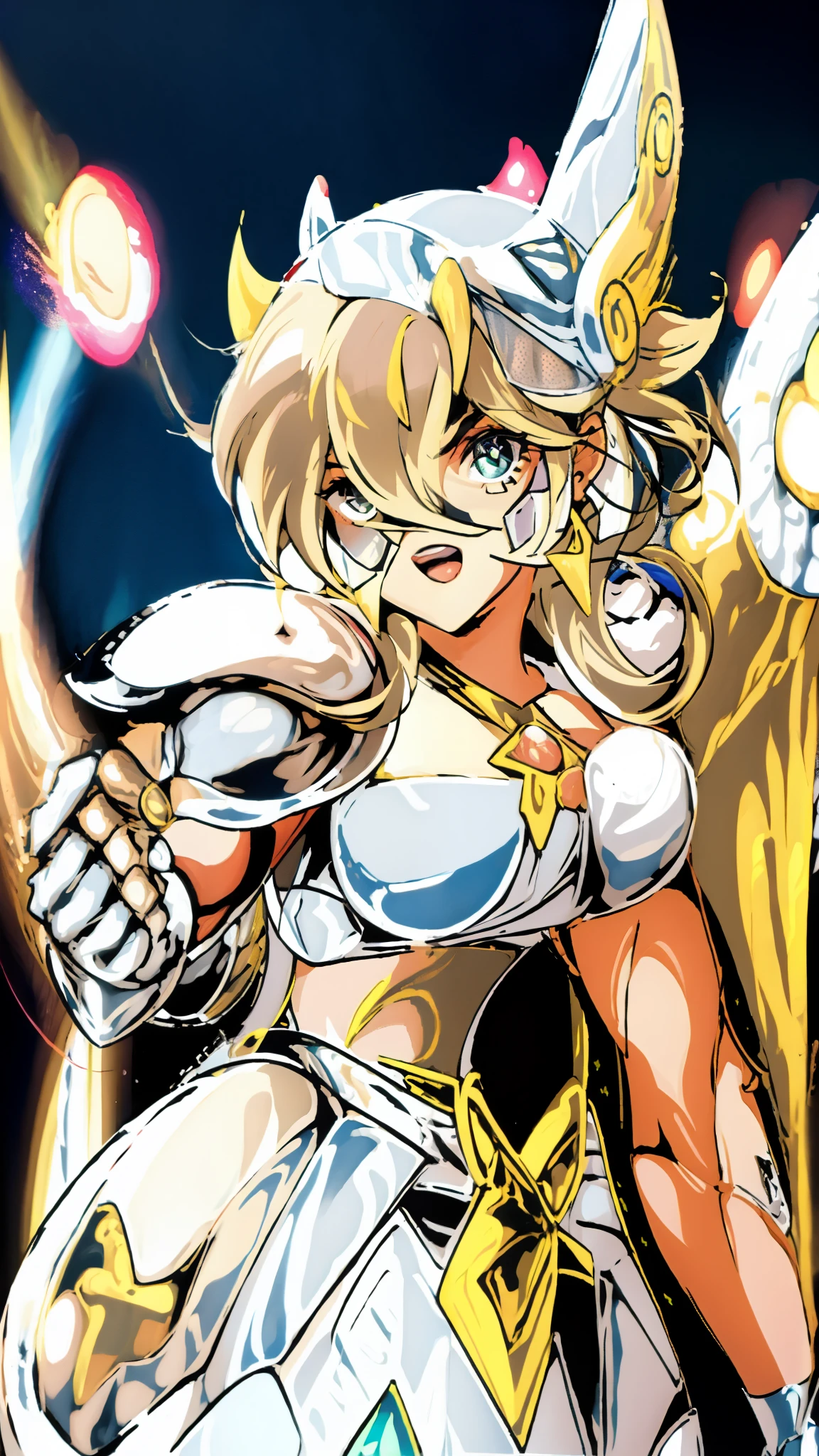 Rosalina wearing pegasus armor from CDZ, Pegasus armor from Saint Seiya, white armor, Rosalina perfect face, perfect pegasus armor, pink t shirt under armor, long cleavage, simple pegasus armor, standing and simple pose, hair over one eye, simple background, night sky, movie ilumination, 