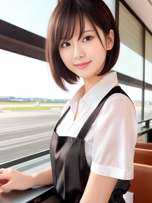 masterpiece、highest quality、High resolution、Tabletop、wallpaper、Realistic、Professional Lighting、Face Light、Smooth lighting、Japanese women、Beautiful woman、Age 25、Beautiful Skin、Beautiful and detailed、Detailed face、short hair、Black Hair、Brown eyes、Looking at the camera、Upper Body Shot, A stylish cafe terrace inside the airport, 1 girl, 若くて美しいJapanese women, Short Bob Hair, Super cute face,Wearing a short-sleeved satin silk white shirt with a collar, Lots of smiles on the airport cafe terrace, Glossy Lips, Double eyelids on both eyes, Natural Makeup, Long eyelashes, shiny smooth black hair、Attention to detail, Detailed hairstyle, Perfect body,Before you leave for your trip abroad